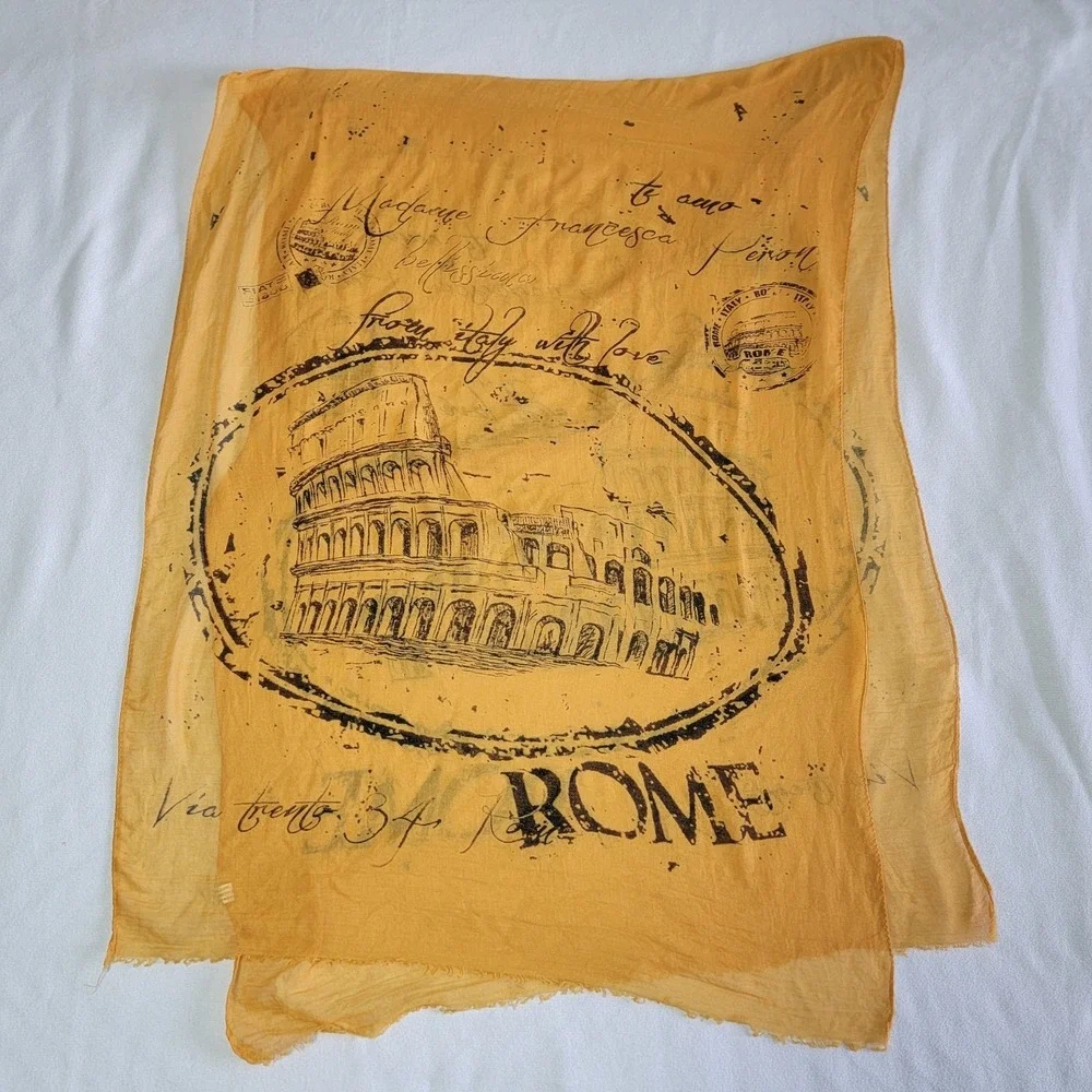 Rome Italy Themed Scarf Mustard Yellow Cotton Blend with a Sheer 70